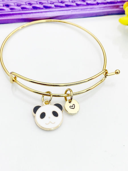 Panda Bracelet, Gold Cute Panda Charm Bangle, Personized Initial Bracelet, N4941