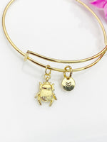 Scarab Bracelet, Gold Scarab Bug Insect Charm Bangle, Personized Initial Bracelet, N4944