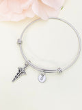 Doctor Nurse Medical Student Bracelet Gift, Silver Caduceus Medical Symbol Charm Bangle, Wing with Snak, Personized Initial Bracelet, N4950