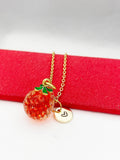 Gold Orange Necklace, Handmade Lampwork Fruit Charm, Dainty Necklace, Delicate, Minimal, Modern, Personized Initial Necklace, N4996