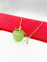 Apple Necklace, Handmade Lampwork Fruit Green Apple Charm, Gold Dainty Necklace, Delicate Minimal Modern, Personized Initial Necklace, N4998