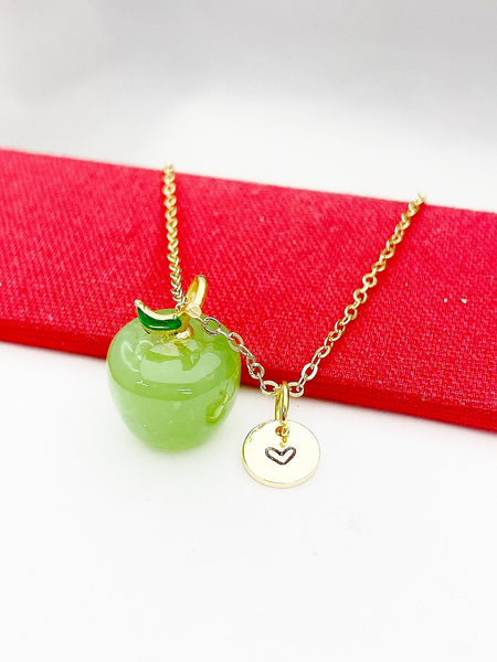 Apple Necklace, Handmade Lampwork Fruit Green Apple Charm, Gold Dainty Necklace, Delicate Minimal Modern, Personized Initial Necklace, N4998