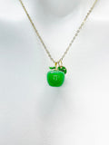 Apple Necklace, Green Apple Handmade Lampwork Charm Gold Necklace, Fruit Apple Charm, N4999