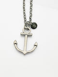 Black Anchor Necklace, Gunmetal Anchor Nautical Charm, Personized Initial Necklace, N5006