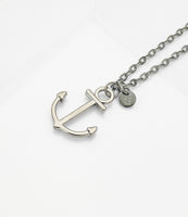 Black Anchor Necklace, Gunmetal Anchor Nautical Charm, Personized Initial Necklace, N5006