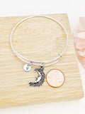 Moon Bracelet, Moon Charm, Personized Initial Bracelet, N4957