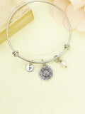 Silver Sunflower with Pearl Bracelet, Personized Initial Bracelet, N4960