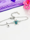 Silver Bee Bracelet, Beautiful Teal Bee Charm, Bolo Bracelets option, Personized Initial Bracelet, N4973