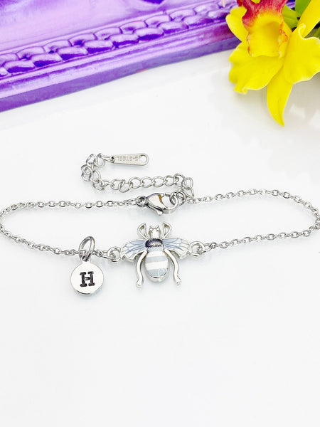 Silver Bee Bracelet, Beautiful Gray White Bee Charm, Bolo Bracelets option, Personized Initial Bracelet, N4974