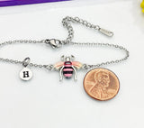 Silver Bee Bracelet, Beautiful Black Pink Bee Charm, Bolo Bracelets option, Personized Initial Bracelet, N4975