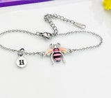 Silver Bee Bracelet, Beautiful Black Pink Bee Charm, Bolo Bracelets option, Personized Initial Bracelet, N4975