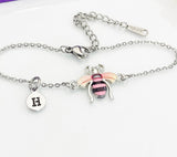 Silver Bee Bracelet, Beautiful Black Pink Bee Charm, Bolo Bracelets option, Personized Initial Bracelet, N4975