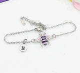 Silver Bee Bracelet, Beautiful Black Purple Bee Charm, Bolo Bracelets option, Personized Initial Bracelet, N4976