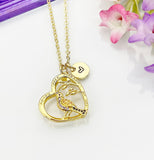 Gold Cardinal Heart Necklace, Cubic Zirconia Heart Cardinal Charm, Personized Initial Necklace, BN4805