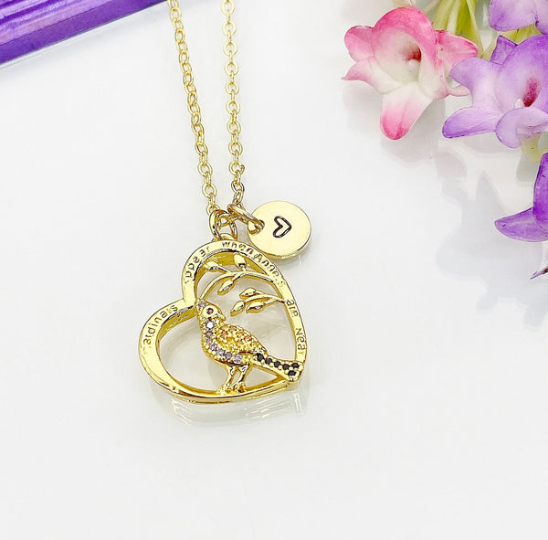 Gold Cardinal Heart Necklace, Cubic Zirconia Heart Cardinal Charm, Personized Initial Necklace, BN4805