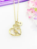 Gold Cardinal Heart Necklace, Cubic Zirconia Heart Cardinal Charm, Personized Initial Necklace, BN4805