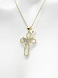Gold Dove Cross Necklace, Cubic Zirconia Dove with Cross Charm, Personized Initial Necklace, N4982