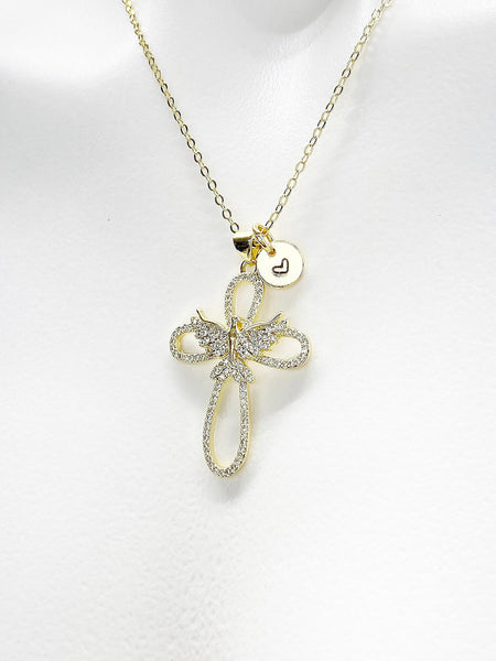 Gold Dove Cross Necklace, Cubic Zirconia Dove with Cross Charm, Personized Initial Necklace, N4982