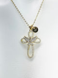 Gold Dove Cross Necklace, Cubic Zirconia Dove with Cross Charm, Personized Initial Necklace, N4982
