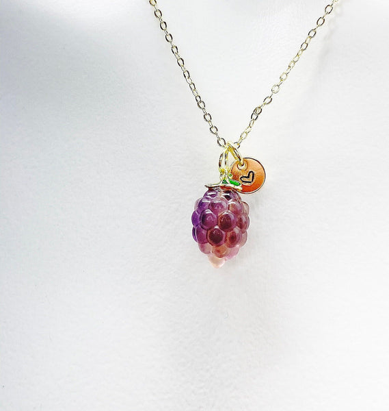 Gold Raspberry Necklace, Natural Gemstone Fluorite Fruit Charm, Personized Initial Necklace, N4985