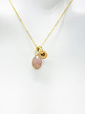 Gold Teardrop Strawberry Quartz Necklace, Natural Gemstone Strawberry Quartz Teardrop Charm, Personized Initial Necklace, N4987