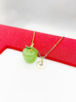 Apple Necklace, Handmade Lampwork Fruit Green Apple Charm, Gold Dainty Necklace, Delicate Minimal Modern, Personized Initial Necklace, N4998