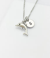 Silver Dolphin Necklace, Dolphin Fish Ocean Charm, Personized Initial Necklace, N5092C