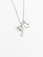 Silver Dolphin Necklace, Dolphin Fish Ocean Charm, Personized Initial Necklace, N5092C