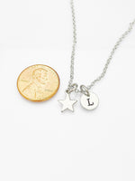 Silver Star Necklace, Star Charm, Personized Initial Necklace, N5004