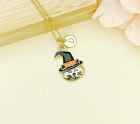 Cat Necklace, Gold Cat Wearing Black Halloween Witch Hat with Orange Stripe Charm and Initial Charm Necklace, N253