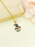 Cat Necklace, Gold Cat Wearing Black Halloween Witch Hat with Orange Stripe Charm and Initial Charm Necklace, N253