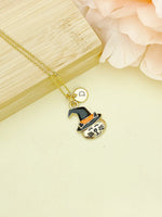 Cat Necklace, Gold Cat Wearing Black Halloween Witch Hat with Orange Stripe Charm and Initial Charm Necklace, N253