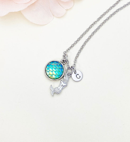 Silver Mermaid Necklace, Mermaid Charm, Mermaid Scale Charm, Valentine Gift, Personized Initial Necklace, N5011