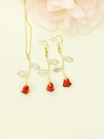 Red Rose Necklace, Gold Red Rose Earrings, Valentine Gift, Personized Gift, N5011