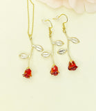 Red Rose Necklace and Earrings Set, Gold Plated Floral Jewelry, N5011