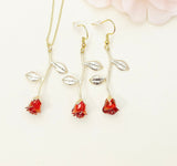 Red Rose Necklace and Earrings Set, Gold Plated Floral Jewelry, N5011