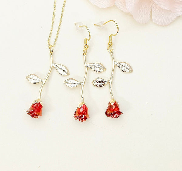 Red Rose Necklace, Gold Red Rose Earrings, Valentine Gift, Personized Gift, N5011