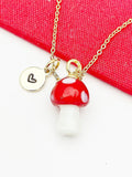 Mushroom Necklace, Red Mushroom Charm, Valentine Gift, Birthday Gift, Personized Initial Necklace, N5037