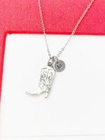 Cowboy Cowgirl Boot Necklace, Silver Boot Charms, Valentine Gift, Birthday Gift, Personized Initial Necklace, N5041