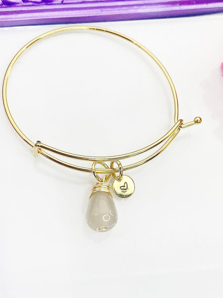 Agate Bracelet, Gray Natural Agate Gemstone Jewelry, Simple Gold Bracelet, N5066