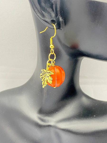 Orange Pumpkin Maple Leaf Earrings, Fall Autumn Gift, Halloween Earrings, N5080