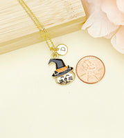 Cat Necklace, Gold Cat Wearing Black Halloween Witch Hat with Orange Stripe Charm and Initial Charm Necklace, N253