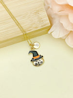 Cat Necklace, Gold Cat Wearing Black Halloween Witch Hat with Orange Stripe Charm and Initial Charm Necklace, N253