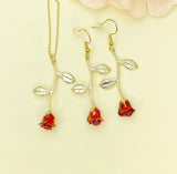 Red Rose Necklace and Earrings Set, Gold Plated Floral Jewelry, N5011