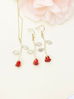 Red Rose Necklace, Gold Red Rose Earrings, Valentine Gift, Personized Gift, N5011
