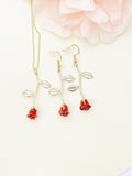Red Rose Necklace and Earrings Set, Gold Plated Floral Jewelry, N5011