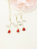 Red Rose Necklace and Earrings Set, Gold Plated Floral Jewelry, N5011