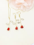 Red Rose Necklace, Gold Red Rose Earrings, Valentine Gift, Personized Gift, N5011