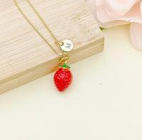 Strawberry Necklace, Fruit Red Strawberry Charm, Valentine Gift, Birthday Gift, Personized Initial Necklace, N4721B