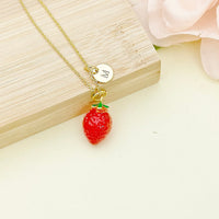 Strawberry Necklace, Fruit Red Strawberry Charm, Valentine Gift, Birthday Gift, Personized Initial Necklace, N4721B